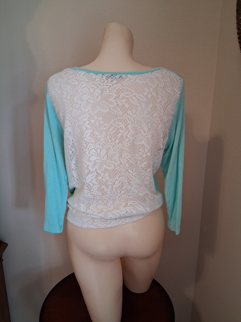 Charlotte Russe White Lace Back Long Sleeve Top with Mint Sleeves